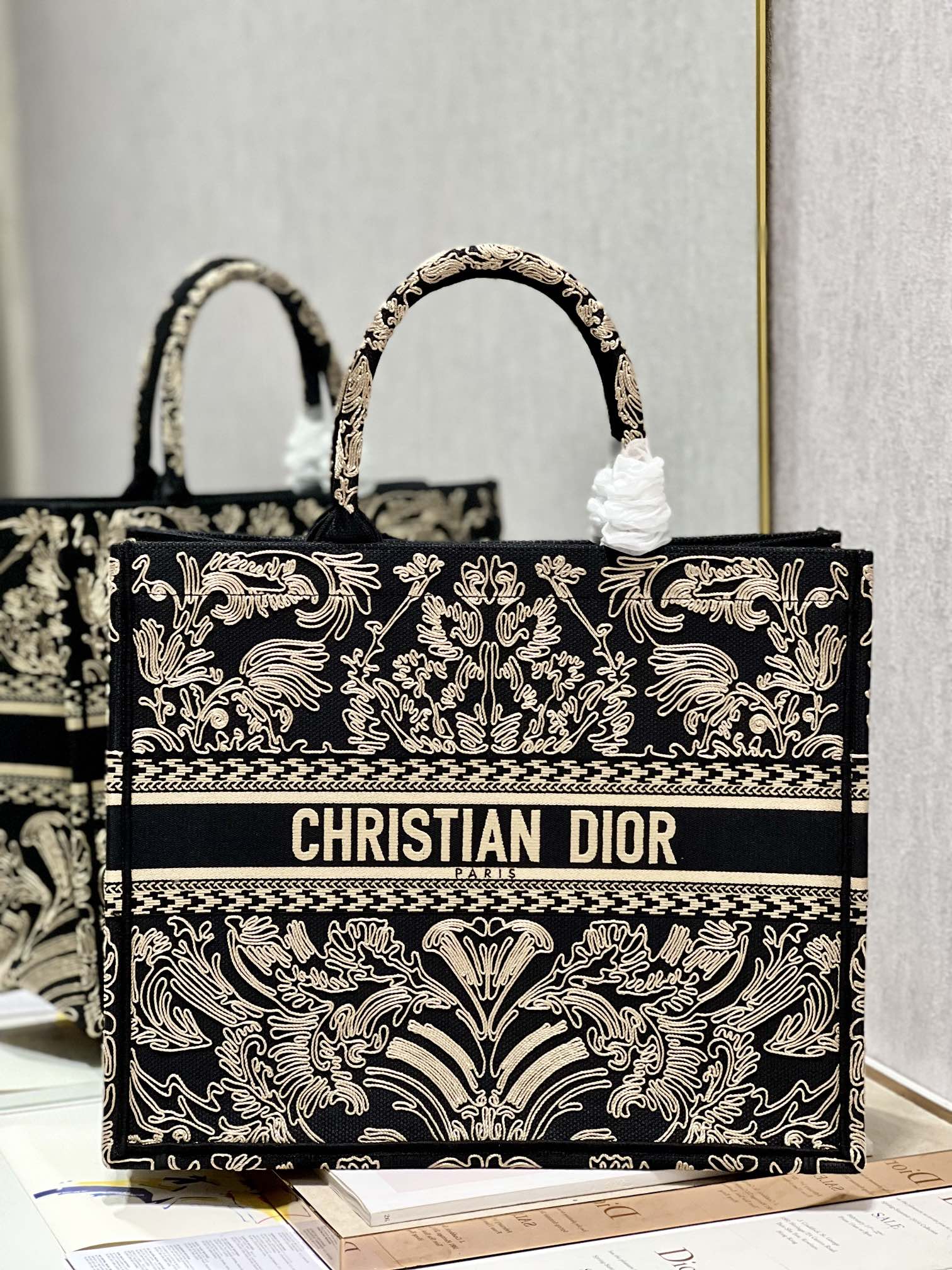 Replica Dior Book Tote Large Black And White Ornamental Cornely-Effect Embroidery M1286Zmdr_M03C