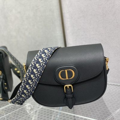 Replica Dior Large Bobby Bag Black Box Calfskin With Blue Dior Oblique Embroidered Strap M9320Umob_M911