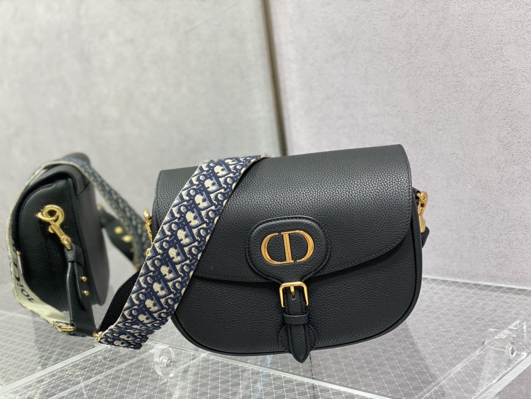 Replica Dior Large Bobby Bag Black Box Calfskin With Blue Dior Oblique Embroidered Strap M9320Umob_M911
