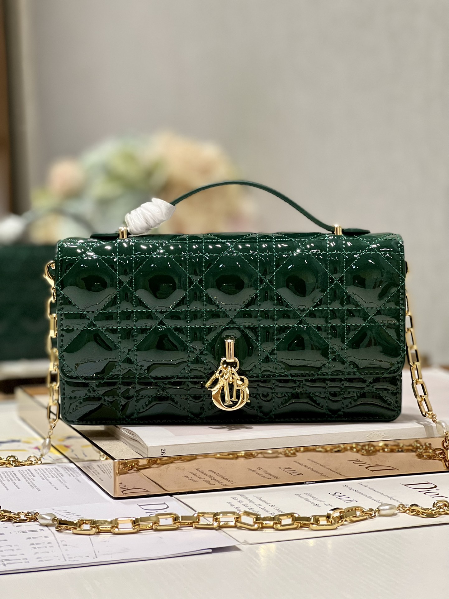 Replica Dior Miss Mini Bag Rose Pine Green Patent Cannage Calfskin