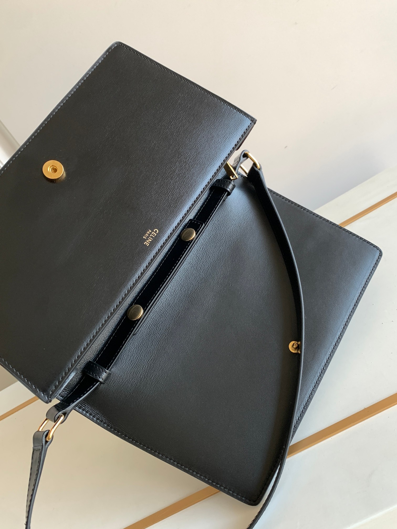 Replica Celine Trapeze Triomphe Bag In Shiny Calfskin Black - Image 8