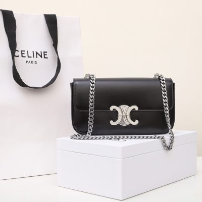 Replica Celine Chain Shoulder Bag Triomphe In Shiny Calfskin Sliver