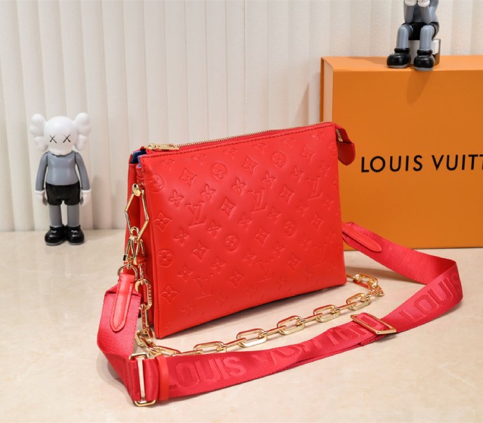 Louis Vuitton Coussin PM Bag In Neon Red With Jacquard Strap - Image 3