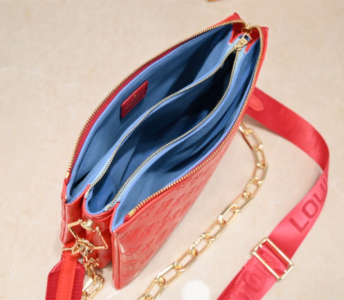 Louis Vuitton Coussin PM Bag In Neon Red With Jacquard Strap - Image 5