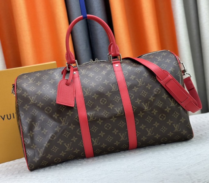 Louis Vuitton Monogram Macassar Canvas Keepall Bandouliere 50 In Sari Red