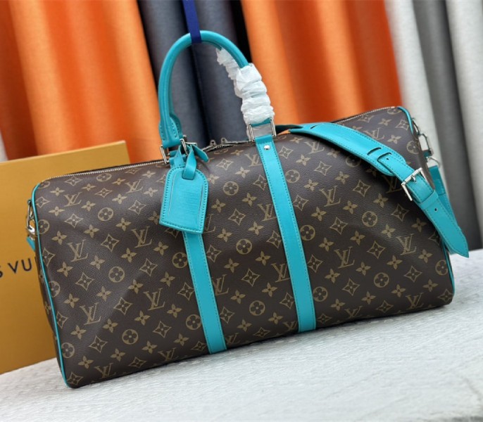 Louis Vuitton Monogram Macassar Canvas Keepall Bandouliere 50 In Turquoise Blue