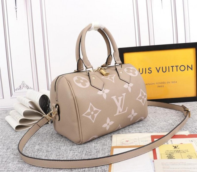 Louis Vuitton Bicolor Monogram Empreinte Leather Speedy Bandouliere 25 Handbag In Tourterelle Gray And Cream - Image 2